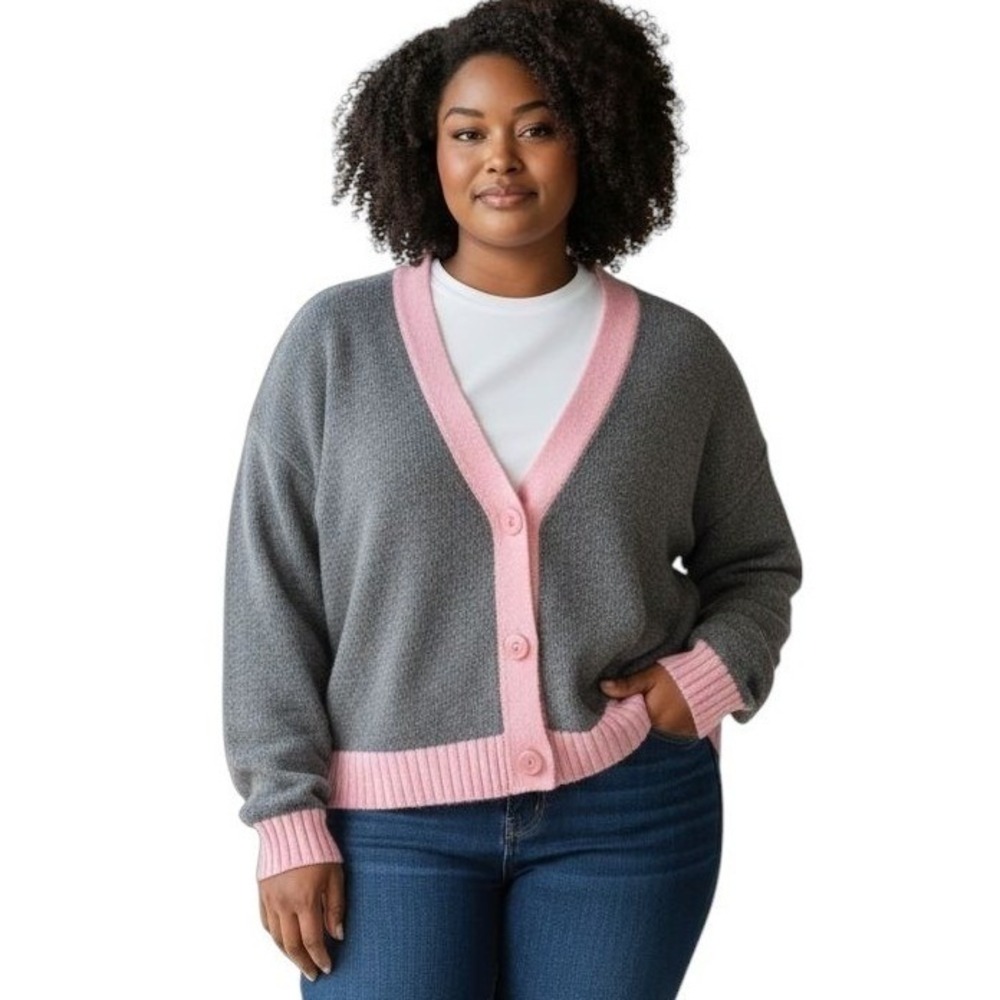 Primark Gray Pink Trim Knit Cardigan Sweater Womens Size L Long Sleeve Casual - Picture 11 of 11